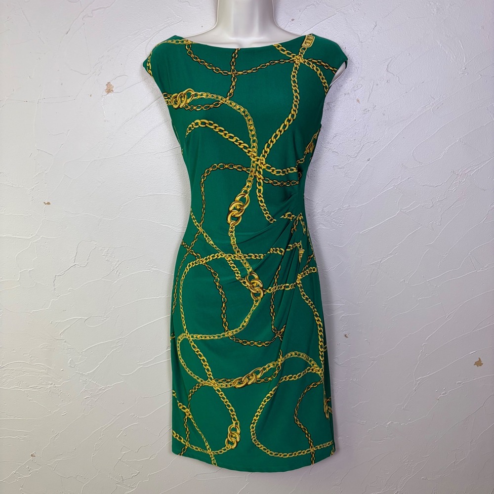 Lauren Ralph Lauren Dress 4 Green Gold Chain Print Sheath Boat Preppy Old Money